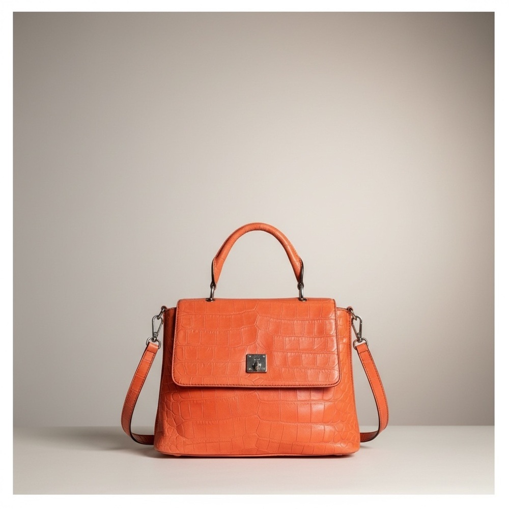 MCM Mode Travia Croc Embossed Leather Satchel Coral Orange Crossbody - Picture 10 of 17